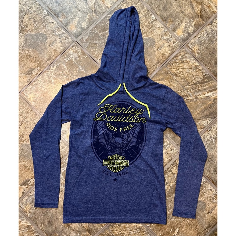 Harley Davidson Hoodie Women Small Blue Neon Graphic Pullover